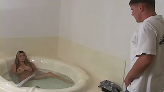 Captivating Asian blonde fingering her pussy in the bathroom before getting slammed hardcore